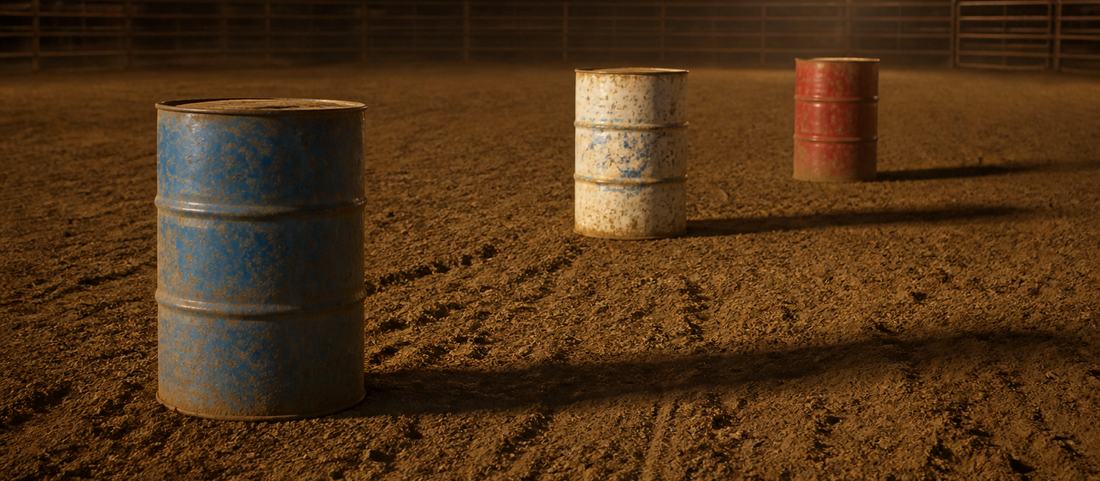 Weathered barrels standing on raked arena dirt under evening floodlights