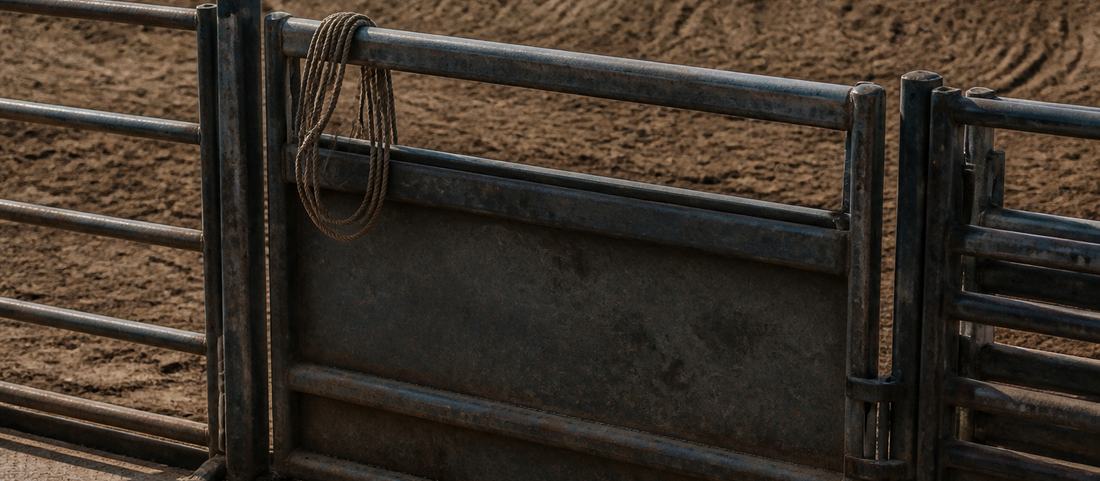 A closed steel bucking chute gate with a coiled rope over the top rail