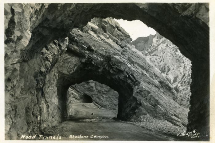 A historic photograph of the road tunnels in Shoshone Canyon west of Cody