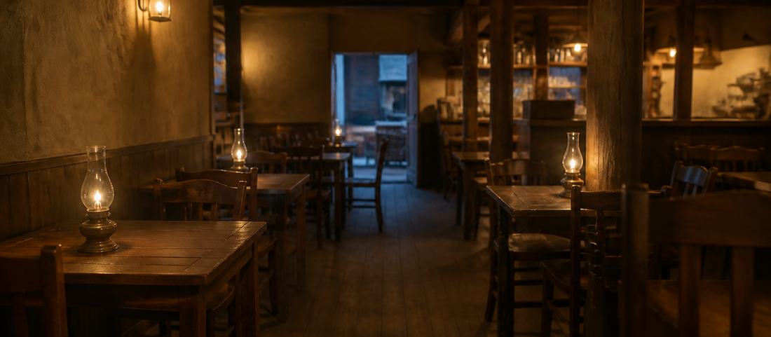 The interior of a small western restaurant in the evening, tables empty