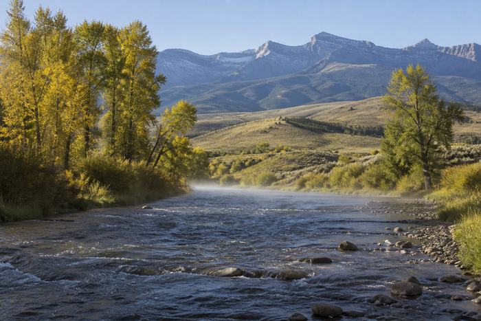 A clear river running through open valley country below snow-topped peaks
