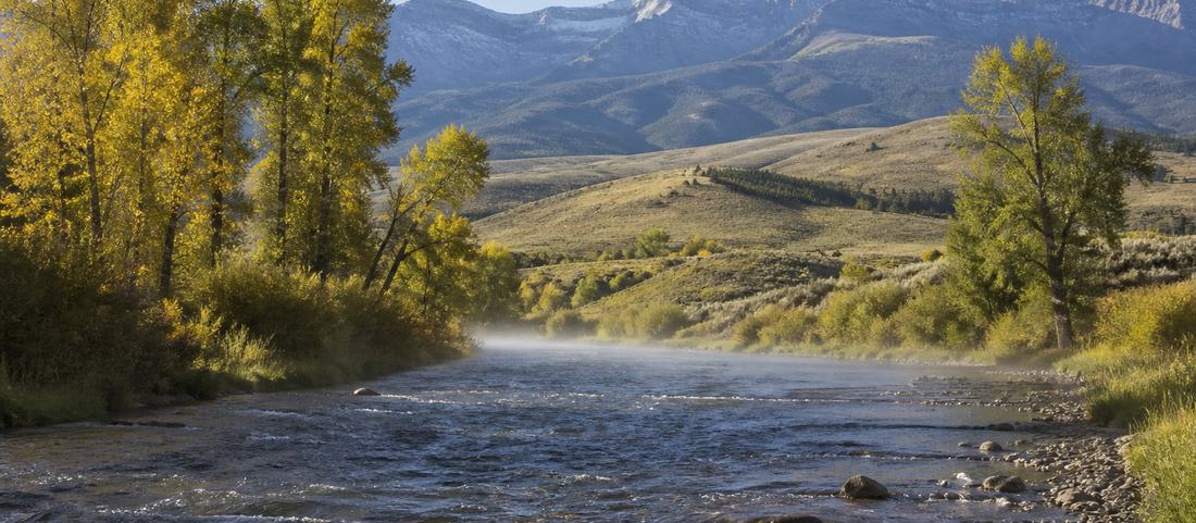 A clear fast river running over cobbles through a wide Wyoming valley