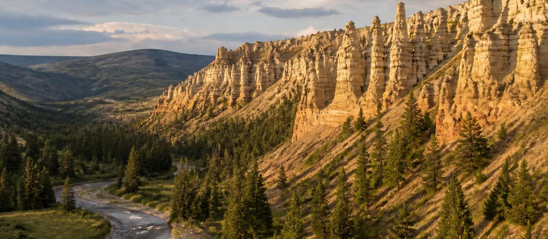 Eroded volcanic rock spires above a river valley in northwest Wyoming