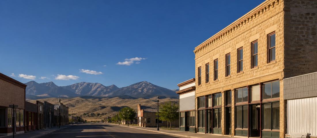 A sandstone building on a wide main street in a northwest Wyoming town