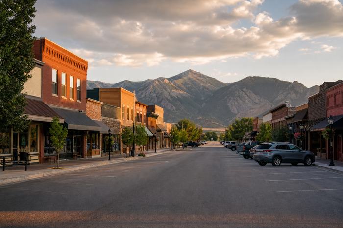 A western main street of brick storefronts running toward a mountain front