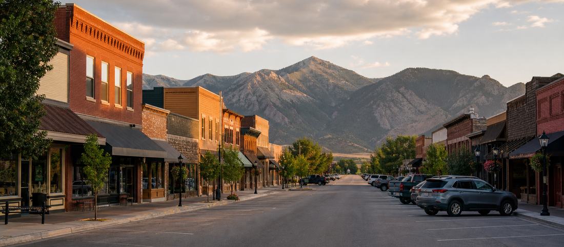 A wide small-town main street in northwest Wyoming at golden hour