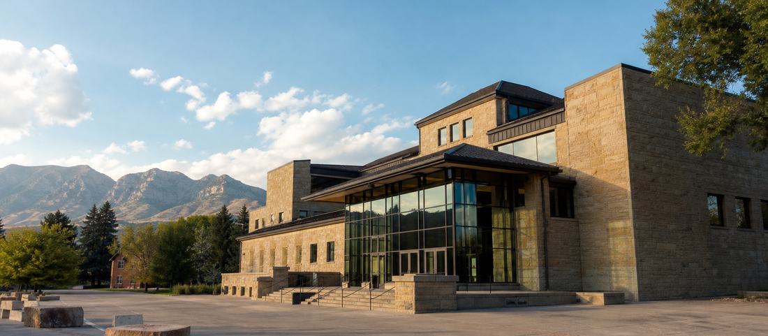 A stone and glass museum building on a wide plaza in a western town