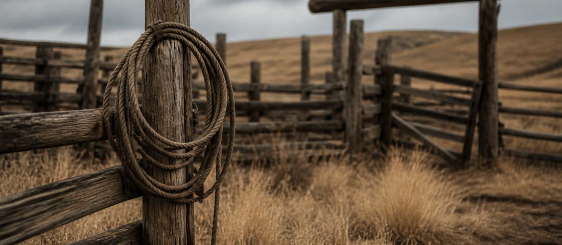 An old wooden corral in dry grass with a coiled lariat hung on a post
