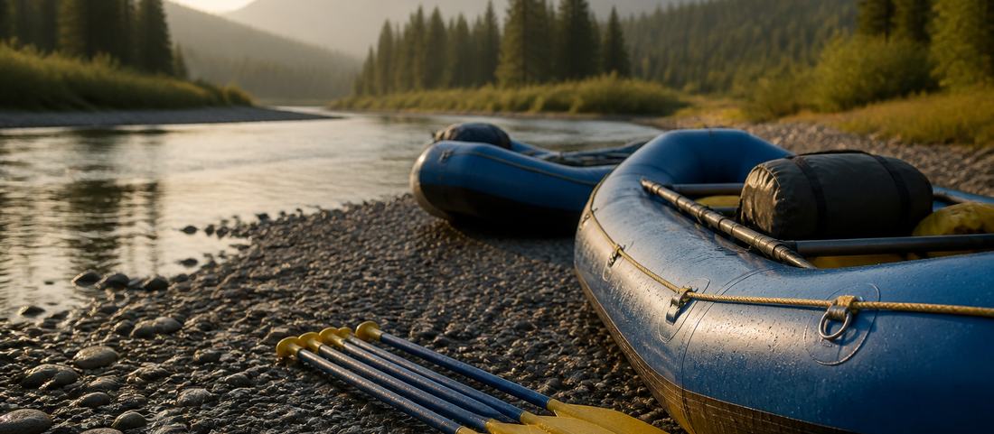 Inflatable rafts pulled up on a gravel bar with paddles stacked beside them