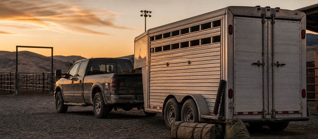 A pickup truck and livestock trailer parked on gravel behind an arena at dawn