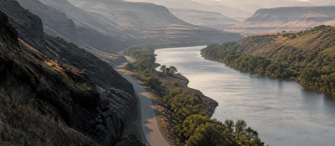 A road forking in two directions across open sagebrush toward distant ranges