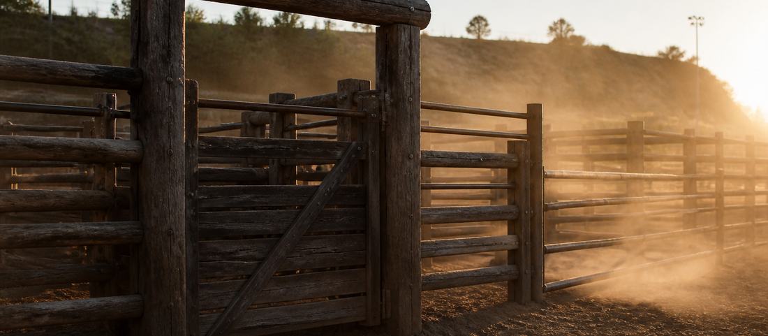 A timber roping chute and livestock pen gate with dust in low evening sun