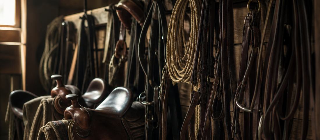 Western saddles, bridles and coiled ropes hanging on a rail in a tack room